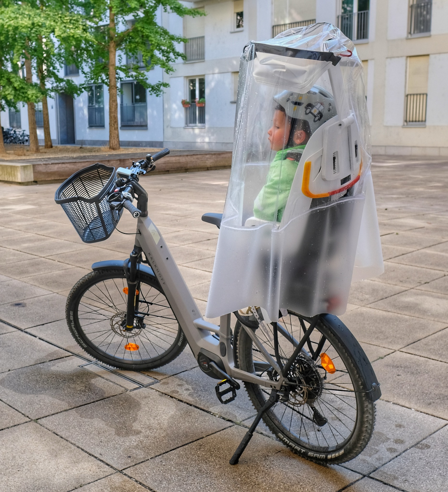 ANCO PROTECT functional prototype in everyday use on a rear rack-mounted child bicycle seat